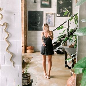 Cotton black mini dress with embroidered front detailing